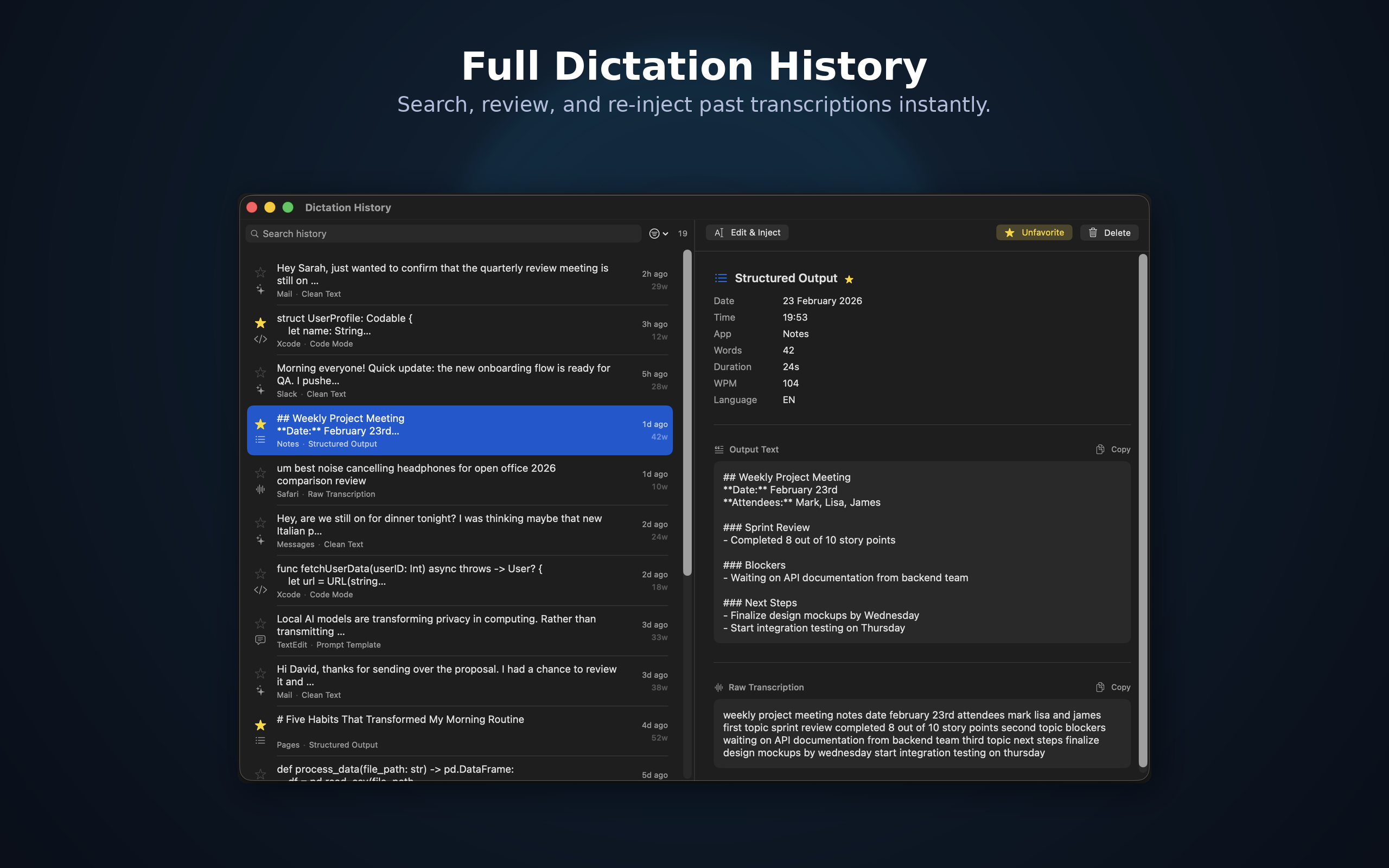 VaulType Dictation History — Search and re-inject past transcriptions