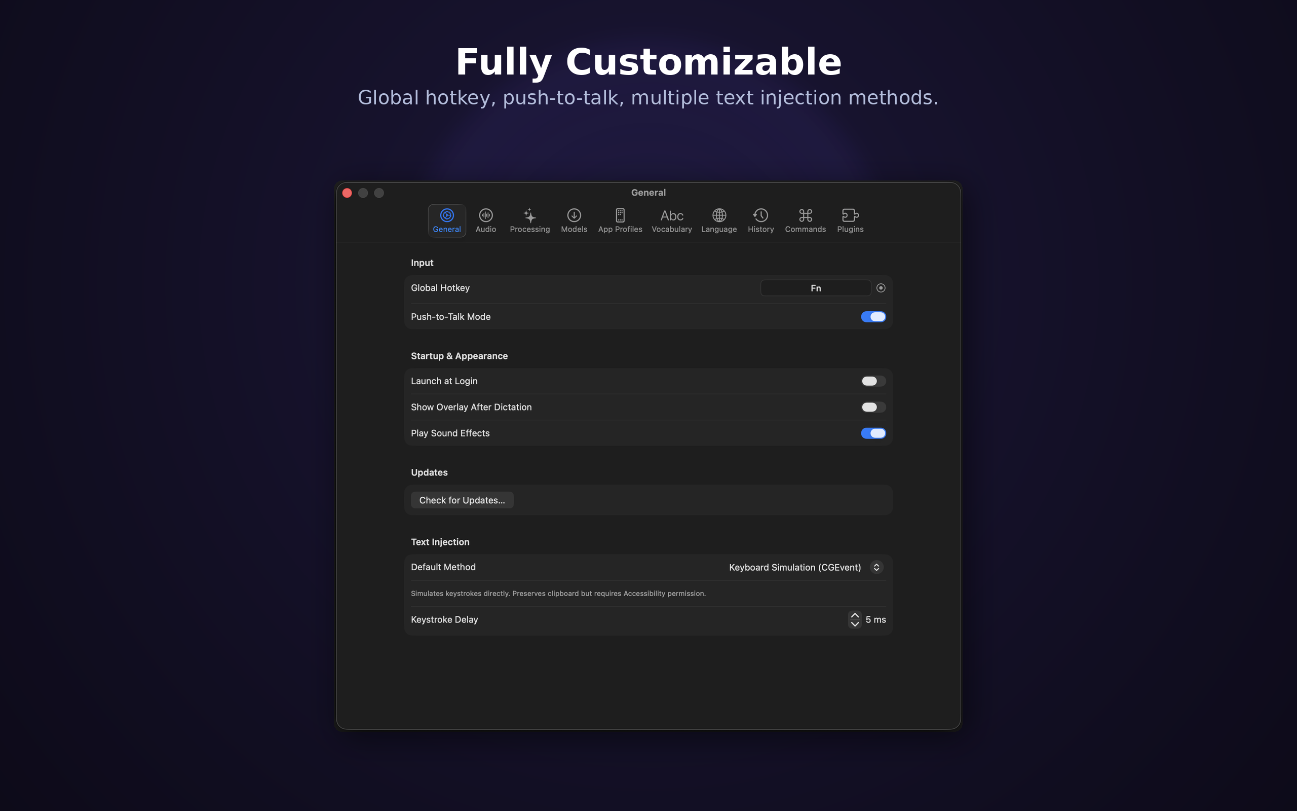 VaulType Settings — Fully customizable hotkeys and text injection