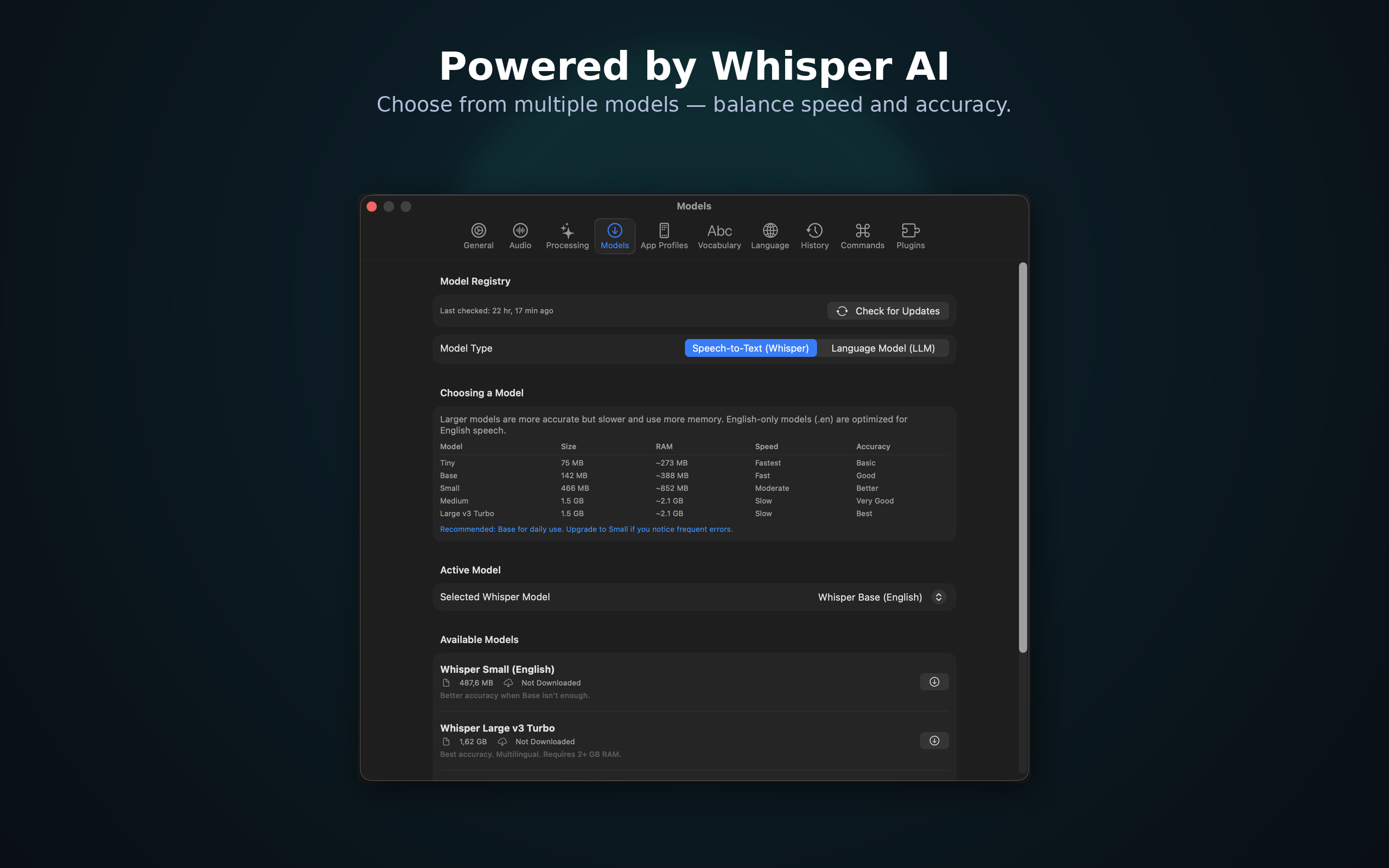 VaulType Models — Choose from multiple Whisper AI models