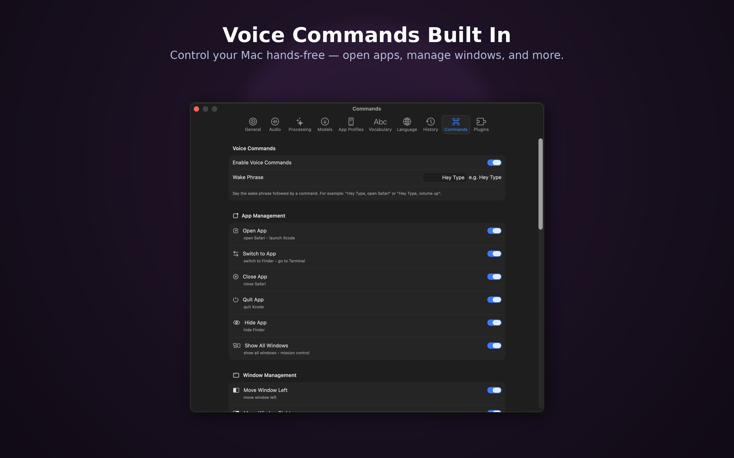 VaulType Voice Commands — Control your Mac hands-free